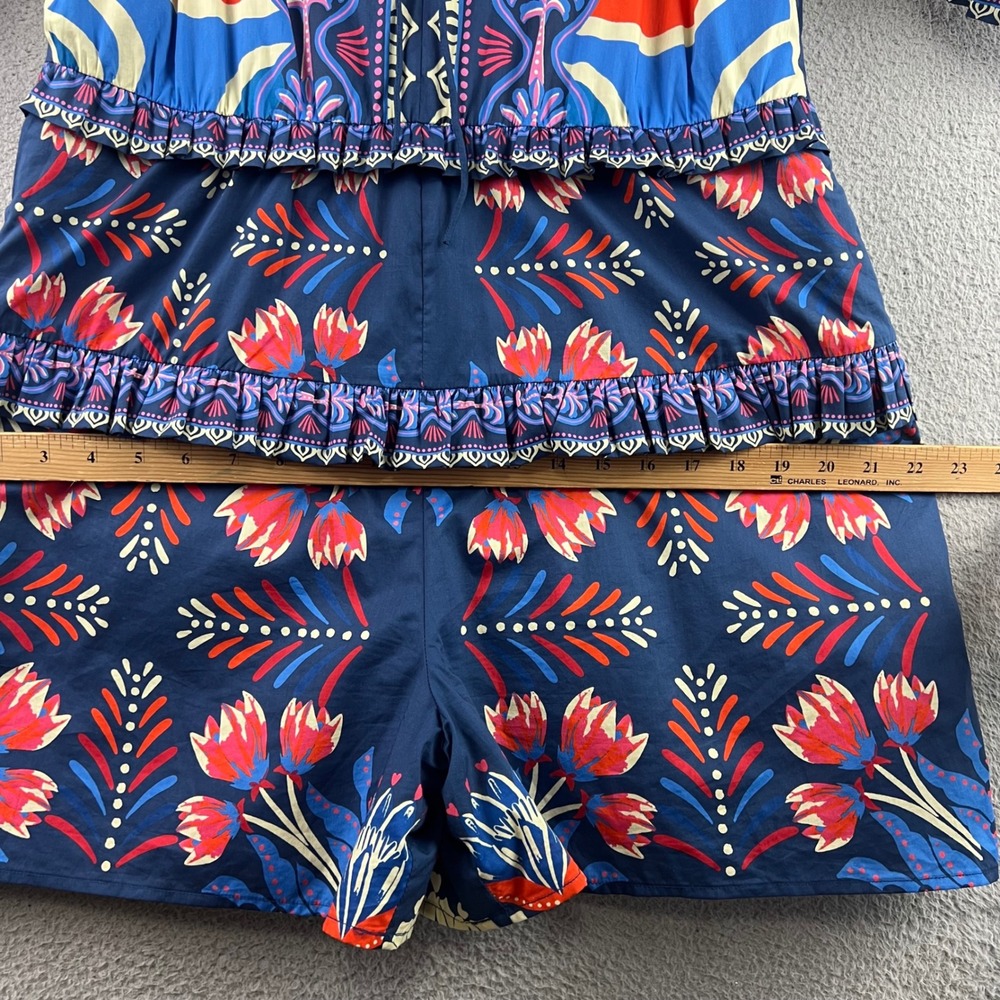 Farm Rio Blue Floral Tiered Ruffle Romper Short Sleeve Square Neck Puffy Sleeves - Picture 11 of 16